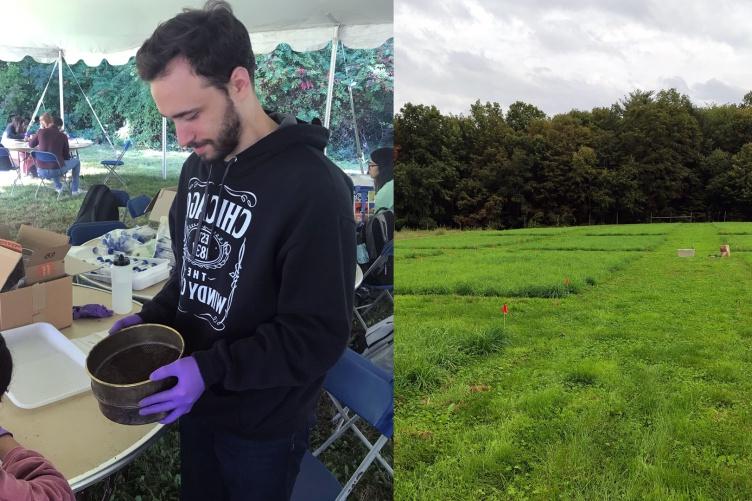 两张图片:左边是金曼研究农场的处理地块. 右侧显示学生在土壤样本中移动.